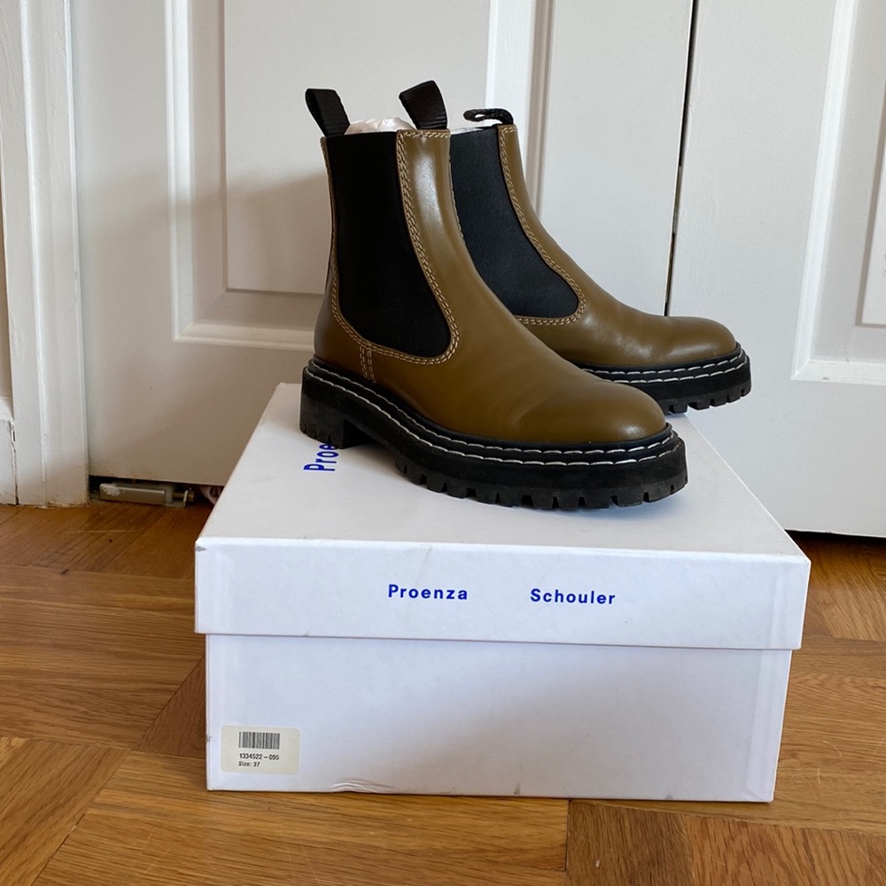 Proenza Schouler topstitched leather Chelsea Boots, size 37. Color Army